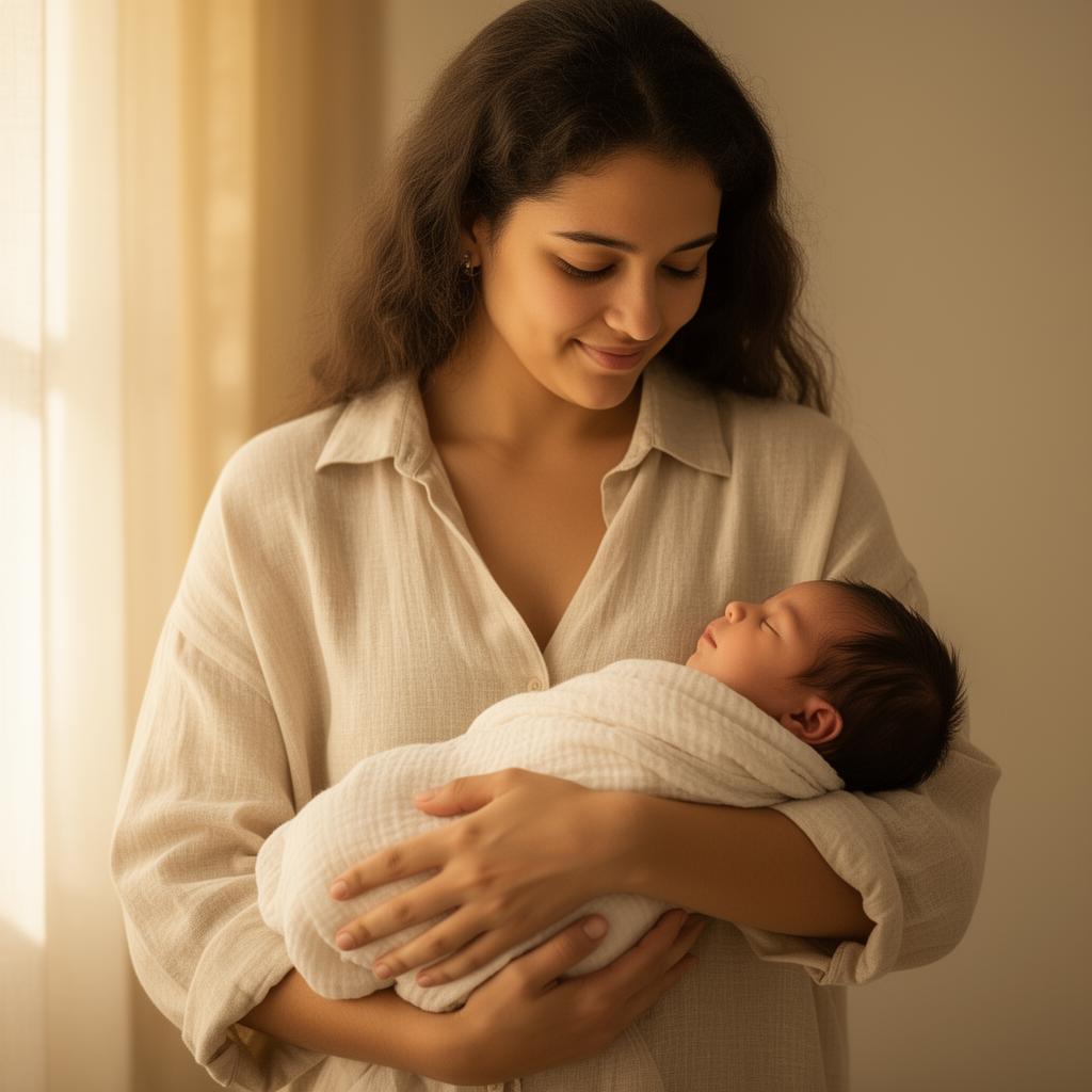 Mãe segurando bebê recém-nascido
